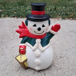 Vintage Ceramic Christmas Snowman Figurine Holding Lantern - Hand Painted 1989